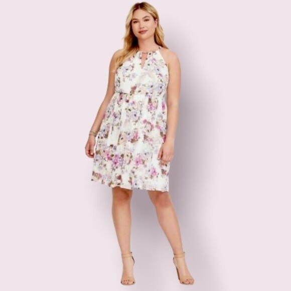 Torrid Floral Bird Print Midi Dress Ivory High Neck Flowy Chiffon Womens Size 1 - Picture 1 of 9